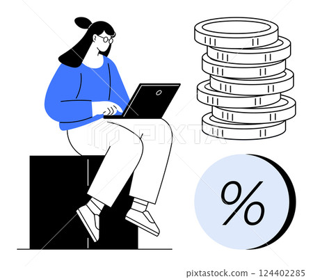 Woman seated on block using laptop near stack of coins and percentage symbol. Ideal for finance, investment, savings, banking, e-learning, economic analysis, business strategy. Line metaphor Woman seated on block using laptop near stack of coins and percentage symbol. Ideal for finance, investment, savings, banking, e-learning, economic analysis, business strategy. Line metaphor 124402285