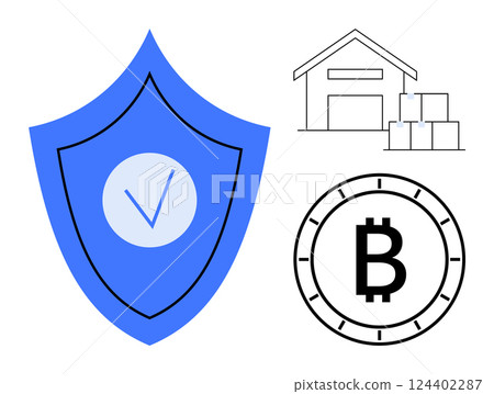 Blue security shield with check mark, outline of a warehouse with boxes, and Bitcoin symbol. Ideal for financial security, data protection, cryptocurrency, inventory management, digital transactions Blue security shield with check mark, outline of a warehouse with boxes, and Bitcoin symbol. Ideal for financial security, data protection, cryptocurrency, inventory management, digital transactions 124402287