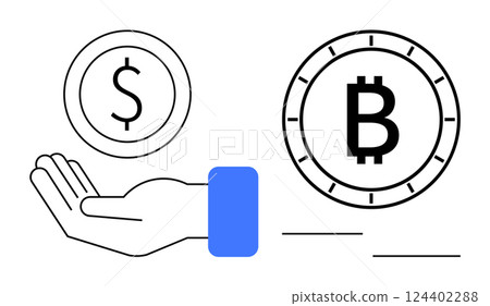 Hand holding a dollar coin symbol facing a bitcoin coin symbol, representing the exchange between traditional and digital currencies. Ideal for finance, investment, cryptocurrency, technology Hand holding a dollar coin symbol facing a bitcoin coin symbol, representing the exchange between traditional and digital currencies. Ideal for finance, investment, cryptocurrency, technology 124402288