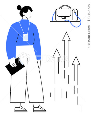 Businesswoman holding a clipboard, shoulder bag on table, and arrows pointing upwards. Ideal for business growth, success, career advancement, professional development, entrepreneurship, goal 124402289