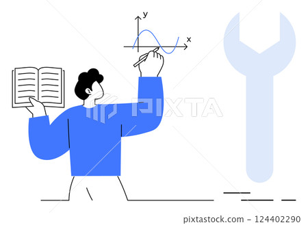 Man holding book, drawing graph on board with spanner symbol nearby. Ideal for education, engineering, technical tutorials, workshops, STEM programs, analytical thinking, instructional guides. Banner 124402290
