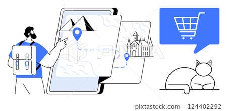 Backpacker points at tablet displaying map with route to mountain and castle. Speech bubble holds shopping cart icon. Resting cat. Ideal for travel, e-commerce, navigation, pets, adventure Backpacker points at tablet displaying map with route to mountain and castle. Speech bubble holds shopping cart icon. Resting cat. Ideal for travel, e-commerce, navigation, pets, adventure 124402292
