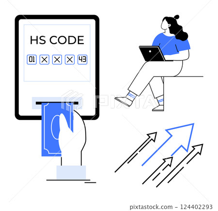 Hand inserting currency into payment machine displaying HS code. Woman seated with laptop. Upward arrows indicating growth. Ideal for finance, e-commerce, marketing, business strategy, online 124402293