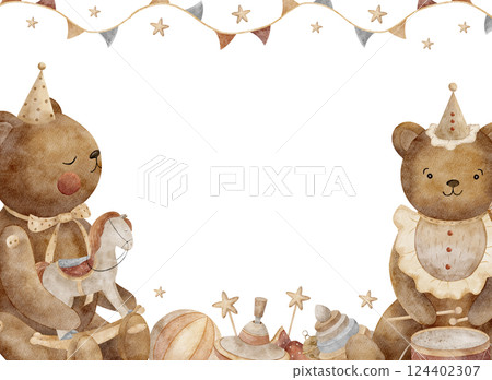 Watercolor frame teddy bears with vintage toys, rocking horse, pyramid, spinning top, garland of flags. Rectangular template with space for text. Hand-drawn illustration for cards invitations, holiday 124402307