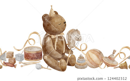Watercolor border teddy bear sits playing vintage toys horse on a stick, drum, spinning top, cubes. Seamless banner for kids room isolated illustration for design cards parties birthdays invitations 124402312