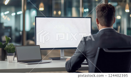 Background material of a man in a suit concentrating on work with a blank PC screen 124402395