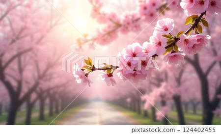 Delicate Peach Blossoms on Branch in Warm Sunset 124402455