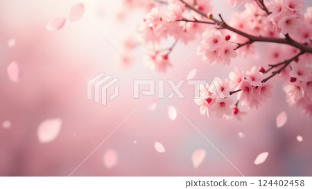 Delicate Peach Blossoms on Branch in Warm Sunset 124402458