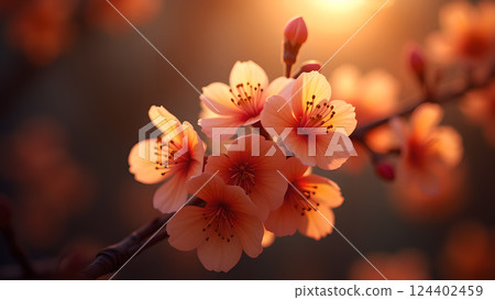 Delicate Peach Blossoms on Branch in Warm Sunset 124402459