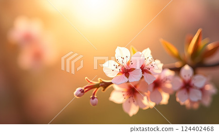 Delicate Peach Blossoms on Branch in Warm Sunset 124402468