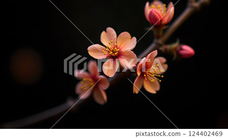 Delicate Peach Blossoms on Branch in Warm Sunset Delicate Peach Blossoms on Branch in Warm Sunset 124402469