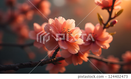 Delicate Peach Blossoms on Branch in Warm Sunset Delicate Peach Blossoms on Branch in Warm Sunset 124402473