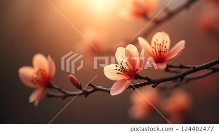 Delicate Peach Blossoms on Branch in Warm Sunset 124402477