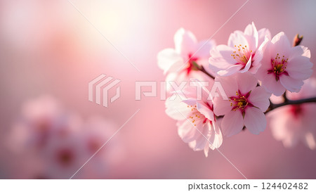 Delicate Peach Blossoms on Branch in Warm Sunset Delicate Peach Blossoms on Branch in Warm Sunset 124402482