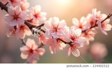 Delicate Peach Blossoms on Branch in Warm Sunset 124402522