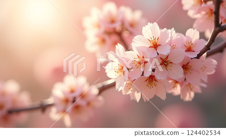 Delicate Peach Blossoms on Branch in Warm Sunset Delicate Peach Blossoms on Branch in Warm Sunset 124402534