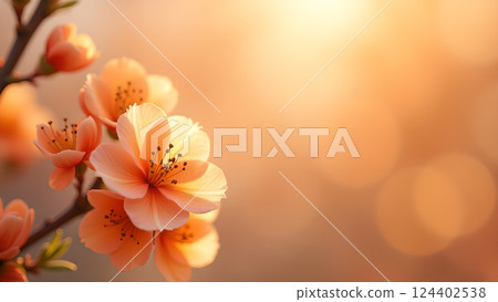 Delicate Peach Blossoms on Branch in Warm Sunset 124402538