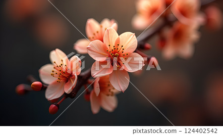 Delicate Peach Blossoms on Branch in Warm Sunset 124402542
