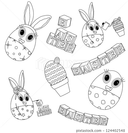 A set of monochrome coloring page featuring decorated anthropomorphic characters Easter eggs babies, bunny ears, and block letters spelling Easter. Ideal for Easter crafts. 124402548
