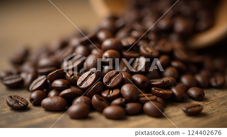Roasted Aroma: Aromatic Coffee Beans Close-Up Roasted Aroma: Aromatic Coffee Beans Close-Up 124402676
