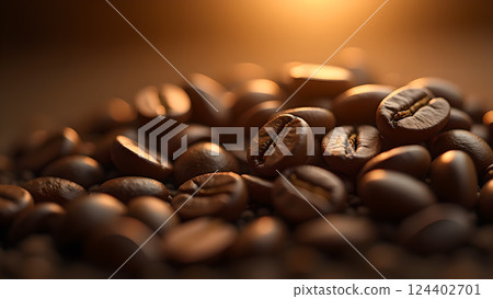 Freshly Roasted Coffee Beans Pile on Wooden Board Freshly Roasted Coffee Beans Pile on Wooden Board 124402701