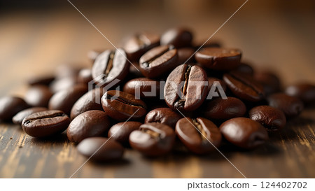 Freshly Roasted Coffee Beans Pile on Wooden Board 124402702