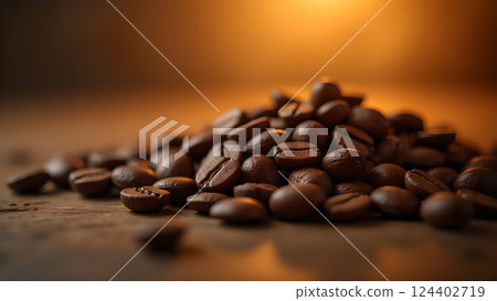 Freshly Roasted Coffee Beans Pile on Wooden Board 124402719