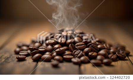 Freshly Roasted Coffee Beans Pile on Wooden Board 124402720