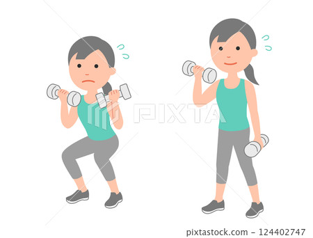 年輕女子用啞鈴進行肌肉訓練，設置 124402747