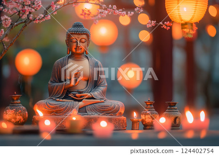 Zen-style Buddha Birthday scene with cherry blossoms, incense, golden Buddha, lanterns, and serene shrine vibes. Zen-style Buddha Birthday scene with cherry blossoms, incense, golden Buddha, lanterns, and serene shrine vibes. 124402754
