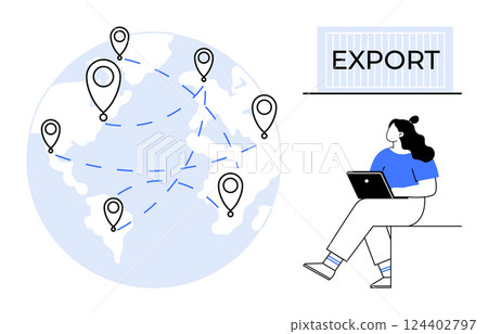 World map with location markers, dotted paths, EXPORT container, woman with laptop. Ideal for international trade, logistics, supply chain, global business, shipping, technology, e-commerce. Line World map with location markers, dotted paths, EXPORT container, woman with laptop. Ideal for international trade, logistics, supply chain, global business, shipping, technology, e-commerce. Line 124402797