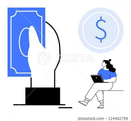 Hand holding a banknote and seated woman using a laptop with a large dollar symbol in the background. Ideal for finance, banking, online transactions, e-commerce, digital payments, economic 124402799