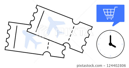 Two airplane tickets, a clock showing time, and a speech bubble with a shopping cart icon. Ideal for travel booking, online shopping, time management, travel agencies, flight reservations, vacation Two airplane tickets, a clock showing time, and a speech bubble with a shopping cart icon. Ideal for travel booking, online shopping, time management, travel agencies, flight reservations, vacation 124402806