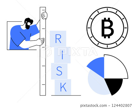 Man measuring risk levels with a ruler and blocks labeled RISK, Bitcoin symbol, and pie chart in blue, black, and white. Ideal for financial analysis, risk management, cryptocurrency, data Man measuring risk levels with a ruler and blocks labeled RISK, Bitcoin symbol, and pie chart in blue, black, and white. Ideal for financial analysis, risk management, cryptocurrency, data 124402807