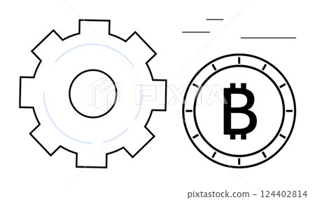 Gear icon next to the Bitcoin symbol inside a digital coin. Ideal for blockchain education, cryptocurrency trading, financial technology, digital innovation, technology tutorials, online courses 124402814