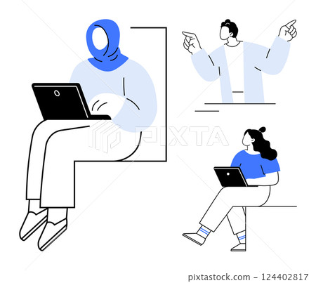 Three diverse characters one typing on a laptop, another gesturing energetically, and a third person sitting with a laptop. Ideal for teamwork, collaboration, remote work, diversity, brainstorming 124402817