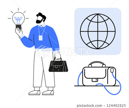 Business professional with a briefcase holding a lightbulb, globe icon, briefcase. Ideal for innovation, entrepreneurship, business strategy, global connections, corporate training, creative 124402825