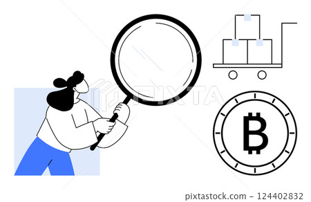 Woman holding magnifying glass examines supply chain logistics with a cart of boxes and a blockchain symbol. Ideal for supply chain management, blockchain technology, logistics, inventory control Woman holding magnifying glass examines supply chain logistics with a cart of boxes and a blockchain symbol. Ideal for supply chain management, blockchain technology, logistics, inventory control 124402832