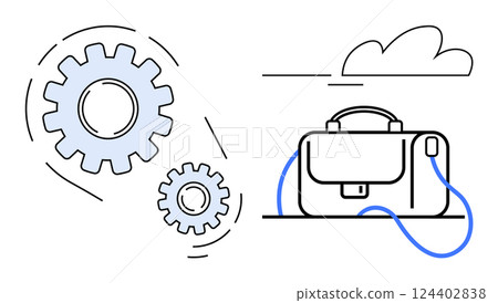 Two cogs symbolize engineering and productivity beside a briefcase, indicating business and management. Ideal for business processes, productivity, engineering, professional growth, project Two cogs symbolize engineering and productivity beside a briefcase, indicating business and management. Ideal for business processes, productivity, engineering, professional growth, project 124402838
