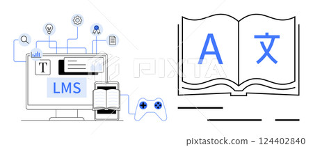 LMS on computer screen with book, game controller, connected learning icons, open book with multilingual letters A and Chinese character. Ideal for e-learning, education apps, language study LMS on computer screen with book, game controller, connected learning icons, open book with multilingual letters A and Chinese character. Ideal for e-learning, education apps, language study 124402840