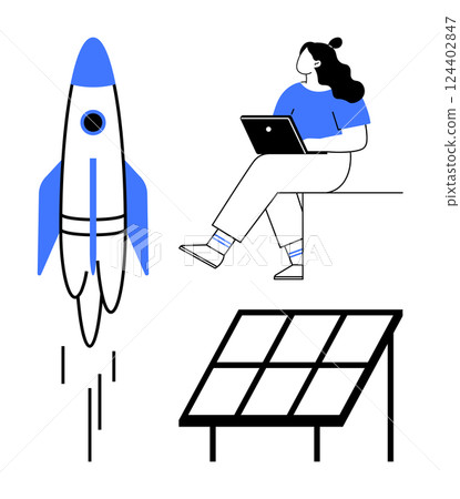 Woman using laptop, rocket launching, solar panel. Ideal for technology, innovation, sustainability, remote work, entrepreneurship, green energy, space exploration themes Line metaphor Woman using laptop, rocket launching, solar panel. Ideal for technology, innovation, sustainability, remote work, entrepreneurship, green energy, space exploration themes Line metaphor 124402847