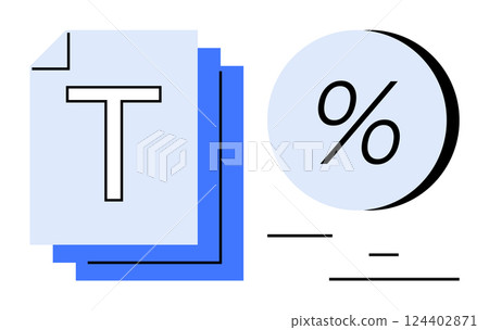 Documents stacked beside a large percentage symbol with lines representing data or text. Ideal for financial reports, data analysis, tax calculations, business documentation, economic statistics 124402871