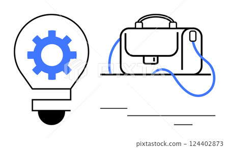 Lightbulb with gear and briefcase connected by wire, symbolizing innovation and business integration. Ideal for concepts, startups, entrepreneurship, business strategy, technology solutions 124402873
