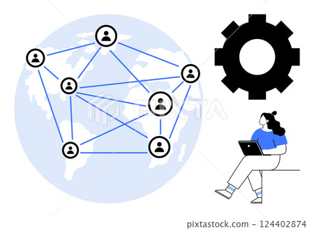 World map with interconnected user icons, large gear icon, and woman in blue outfit using laptop. Ideal for telecommunications, globalization, technology, remote work, network management, online World map with interconnected user icons, large gear icon, and woman in blue outfit using laptop. Ideal for telecommunications, globalization, technology, remote work, network management, online 124402874