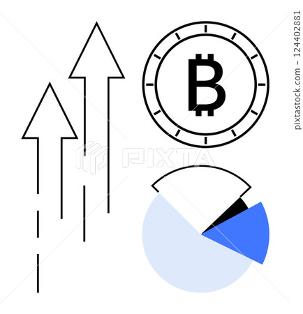 Upward arrows indicating growth, Bitcoin symbol within a clock-like circle, and a segmented pie chart with one highlighted section. Ideal for finance, cryptocurrency trends, economic analysis 124402881