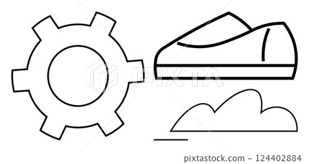 Gear cog, sneaker, and cloud symbols. Ideal for technology, athletics, weather, business, environment, sustainability and outdoor themes Line metaphor Gear cog, sneaker, and cloud symbols. Ideal for technology, athletics, weather, business, environment, sustainability and outdoor themes Line metaphor 124402884