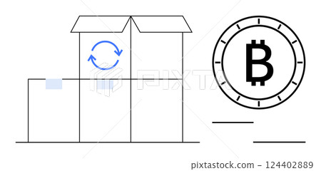 Open cardboard boxes with a refresh symbol beside a Bitcoin icon. Ideal for blockchain, cryptocurrency, e-commerce, shipping, fintech, online trading, digital payments. Line metaphor 124402889