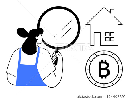 Woman holding magnifying glass looking at a house and bitcoin symbol. Ideal for finance, real estate, investment, research, cryptocurrency, housing market, and economic analysis themes. Line metaphor Woman holding magnifying glass looking at a house and bitcoin symbol. Ideal for finance, real estate, investment, research, cryptocurrency, housing market, and economic analysis themes. Line metaphor 124402891