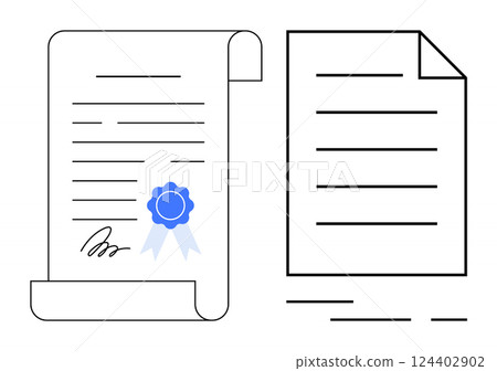 Official document with a blue seal and signature next to a plain document with a folded corner. Ideal for legal, business, certification, contract, agreement, official paperwork, education themes 124402902