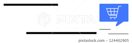 Blue shopping cart icon in a speech bubble, accompanied by horizontal black lines and blue accents. Ideal for e-commerce, online shopping, digital marketing, mobile apps, retail, customer service 124402905